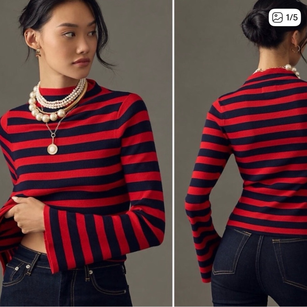 Maeve Anthropologie Long-Sleeve Mock Neck Top - Red & Black new with tags